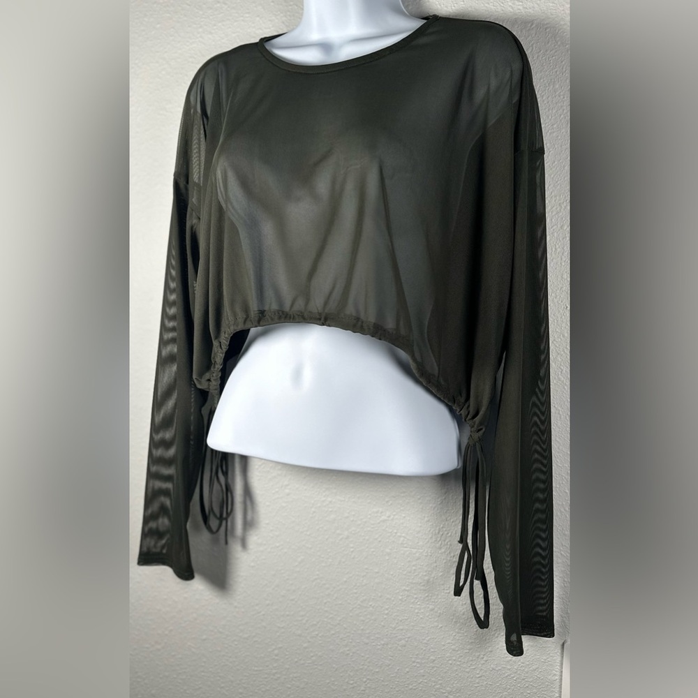 Jasmine Olive Green Sheer Mesh Long Sleeve Tie Crop Top Size Medium - Picture 2 of 9